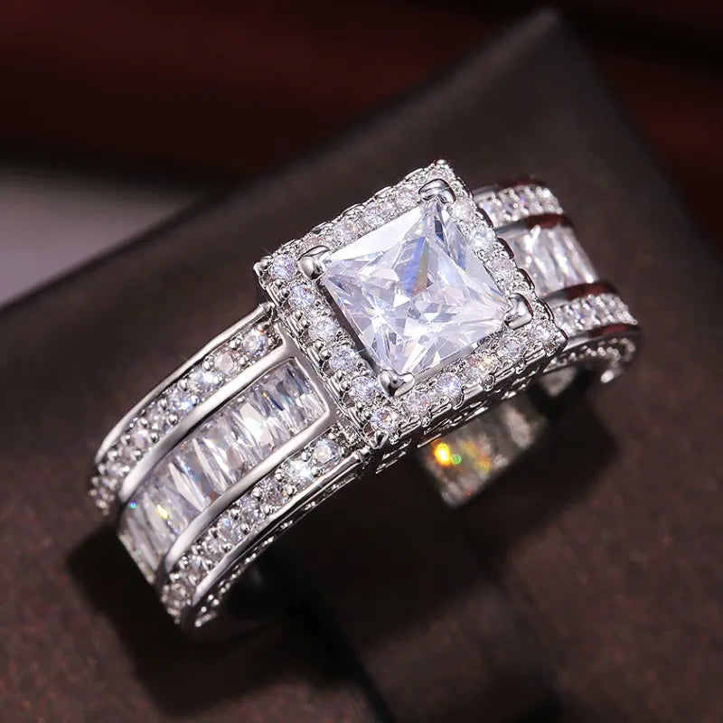 Classic Design Women Rings for Engagement Wedding Luxury Princess Square Cubic Zirconia Sparkling Bridal Rings Jewelry - EUFASHIONBAGS