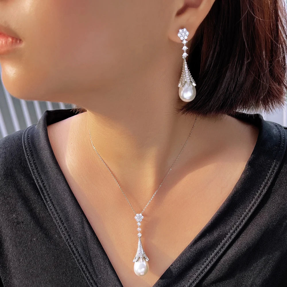 Chic White Cubic Zircon Long Dangle Drop Leaf Pearl Pendant Necklcae and Earrings Women Daily Party Jewelry Set - EUFASHIONBAGS