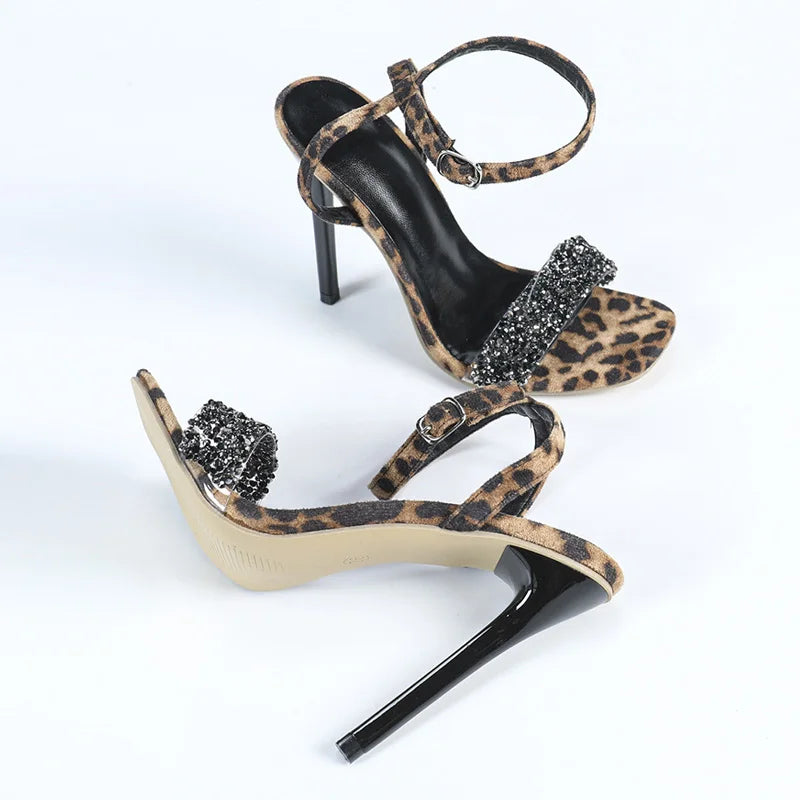 Summer Fashion Sequined PVC Transparent Sandal Women Square Toe Black High Heels Party Stripper Leopard Print Shoe Size 42