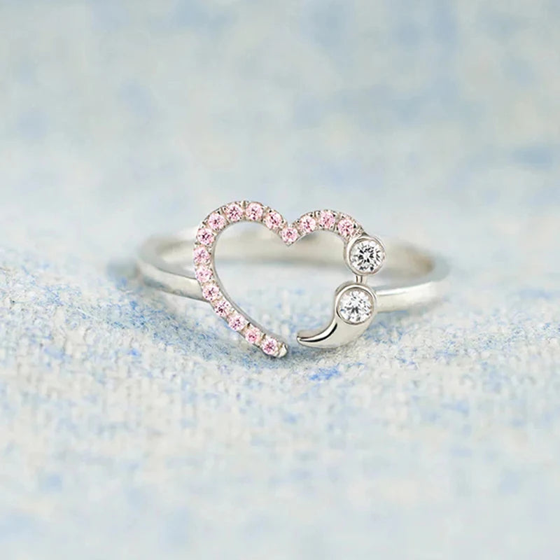 Novel Heart Finger Ring Female Romantic Engagement Jewelry Sweet Lady Bright Pink/White Zirconia Accessories for Wedding