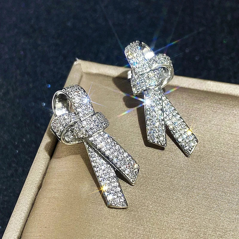 Bow Shaped Stud Earrings for Women Silver Color Sparkling Crystal Cubic Zirconia Temperament Accessories Female Jewelry - EUFASHIONBAGS