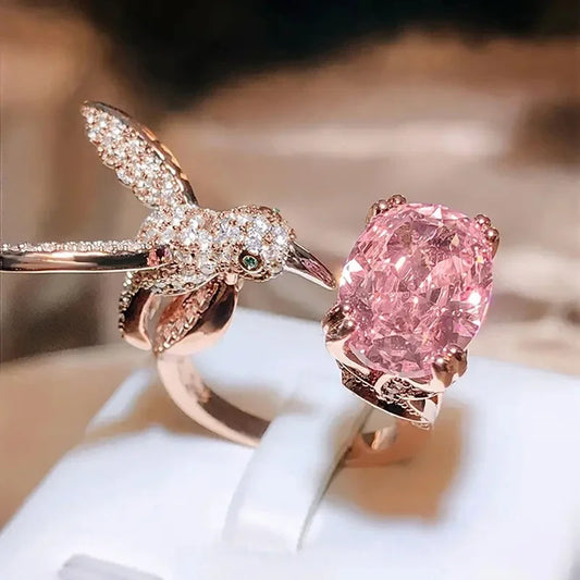 Unique Design Bird with Oval Pink CZ Rings for Women Rose Gold Color Sparkling Opening Rings Cocktail Party Trend Jewelry - EUFASHIONBAGS