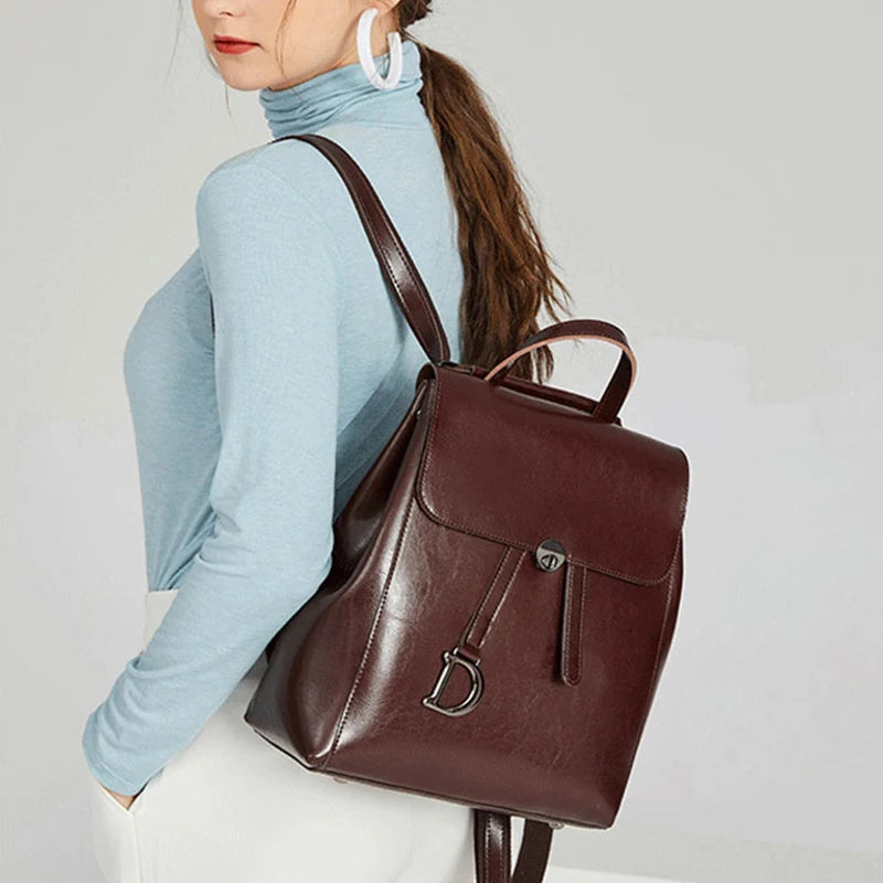 Genuine Leather Women's Backpack Retro College Style Girls Shoulder Bag High Quality Cowhide School Bags Large Tote Bag