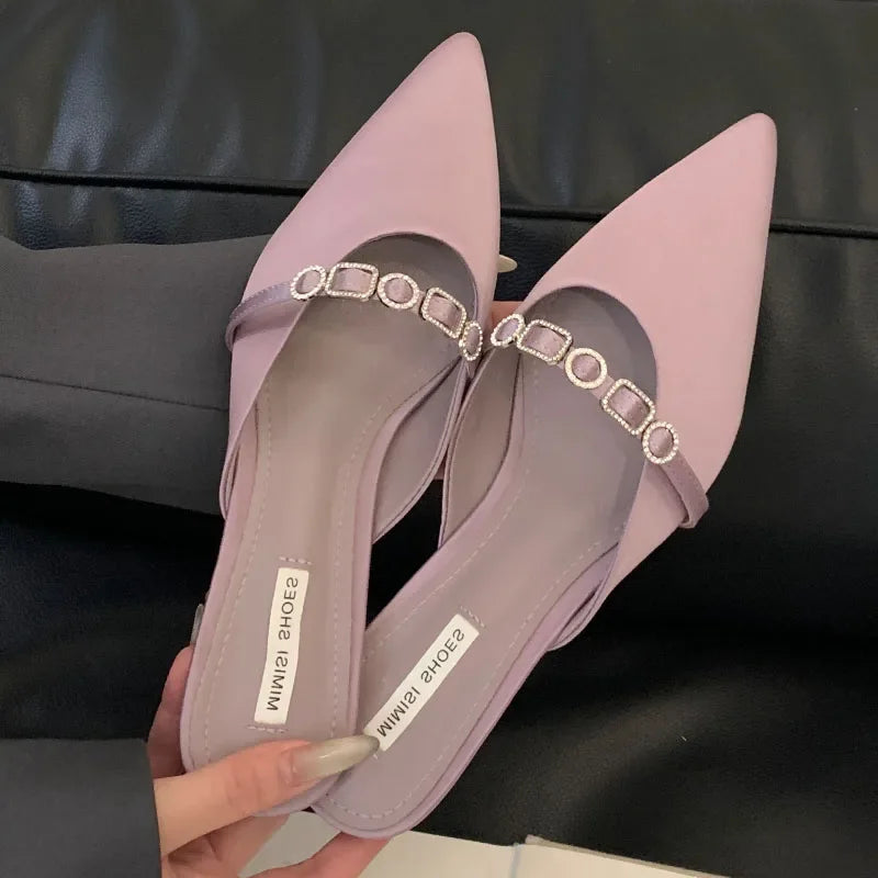 Summer 2025 Luxury Fashion Rhinestones Ladies Heeled Slippers Sandals Shoes Female Low Heel Slides Fashion Footwear Women Mules