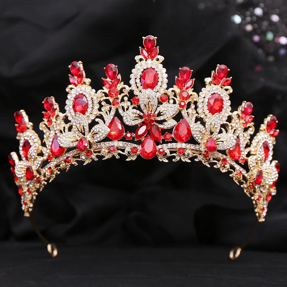 Baroque Gold Color Red Crystal Bridal Tiaras Crowns Rhinestone Pageant Diadem Women Headpieces Wedding Hair Accessories Jewelry - EUFASHIONBAGS