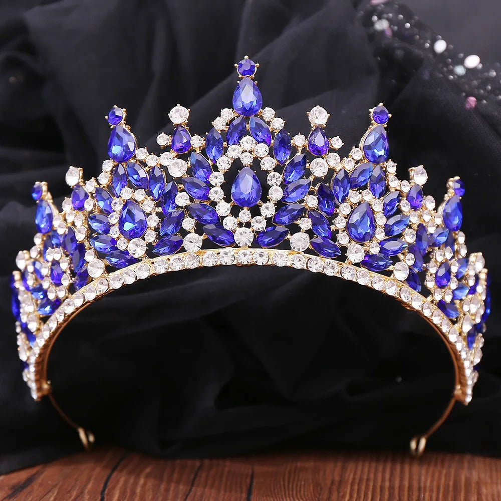 Baroque Gold Color Blue Diadem Rhinestone Crystal Tiaras Bride Headdress Princess Wedding Crown Pageant Hair Jewelry Accessories - EUFASHIONBAGS