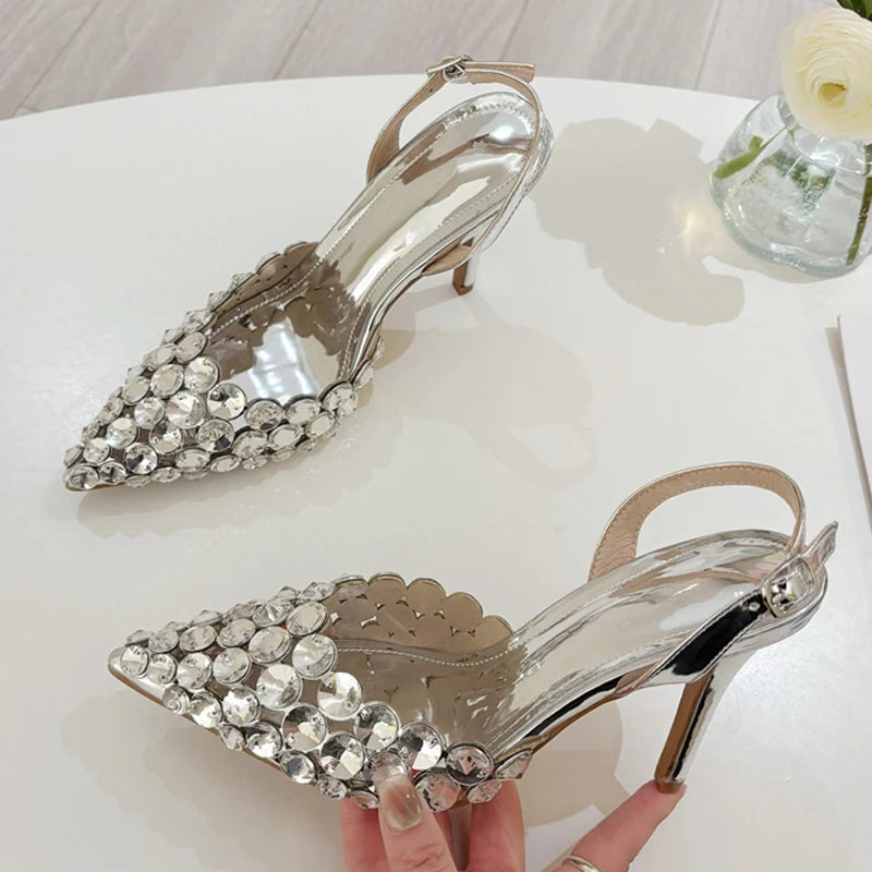 Pointed Toe Slingback Stiletto Sandals Crystal Diamonds Women Pumps High Heels Wedding Prom Shoes Zapatos Mujer