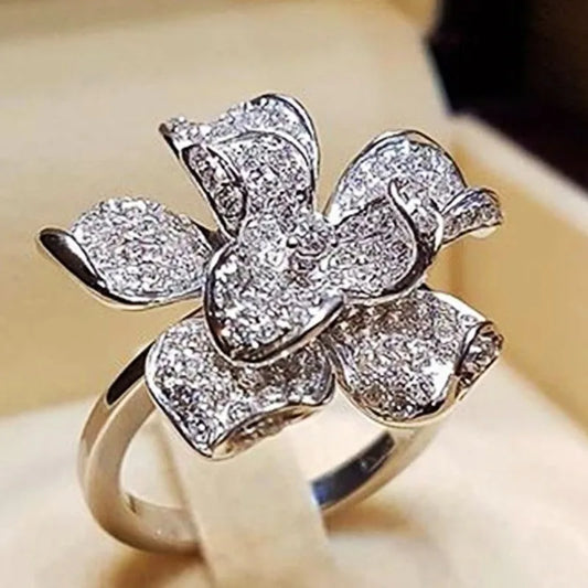 Full CZ Flower Ring for Women Luxury Silver Color Wedding Bands Aesthetic Ring Party Daily Wear Elegant Accessory Jewelry - EUFASHIONBAGS