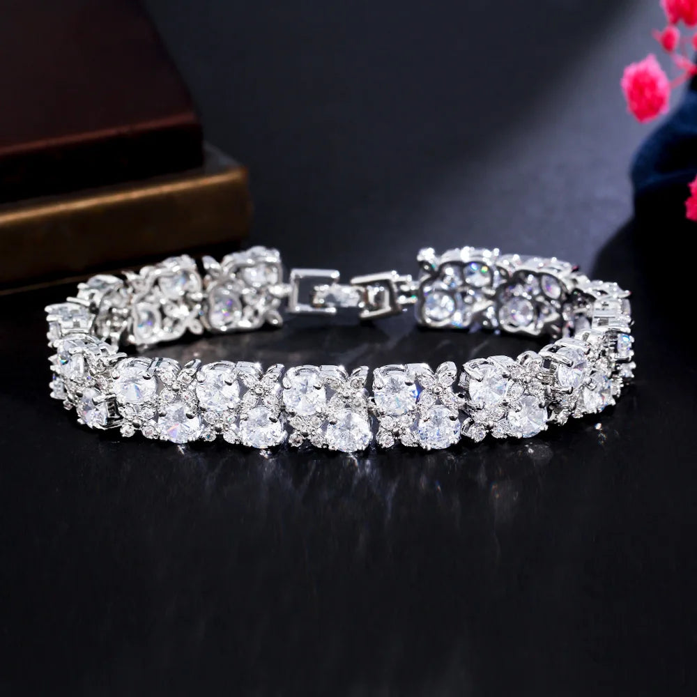 Two Layer Round Cubic Zirconia Elegant Leaf Flower Shape Women Party Evening Wedding CZ Bracelet for Brides