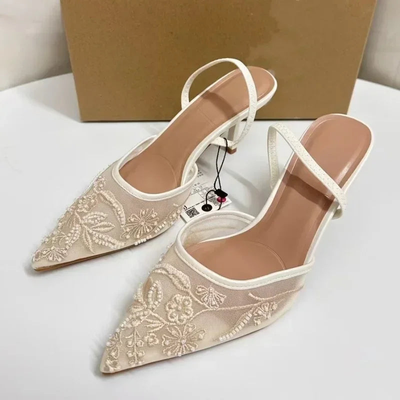 Brand Designer White Women Wedding Pumps Mesh Embroidered Flowers Back Strap Sexy Slingback High Heel Dress Shoes for Ladies