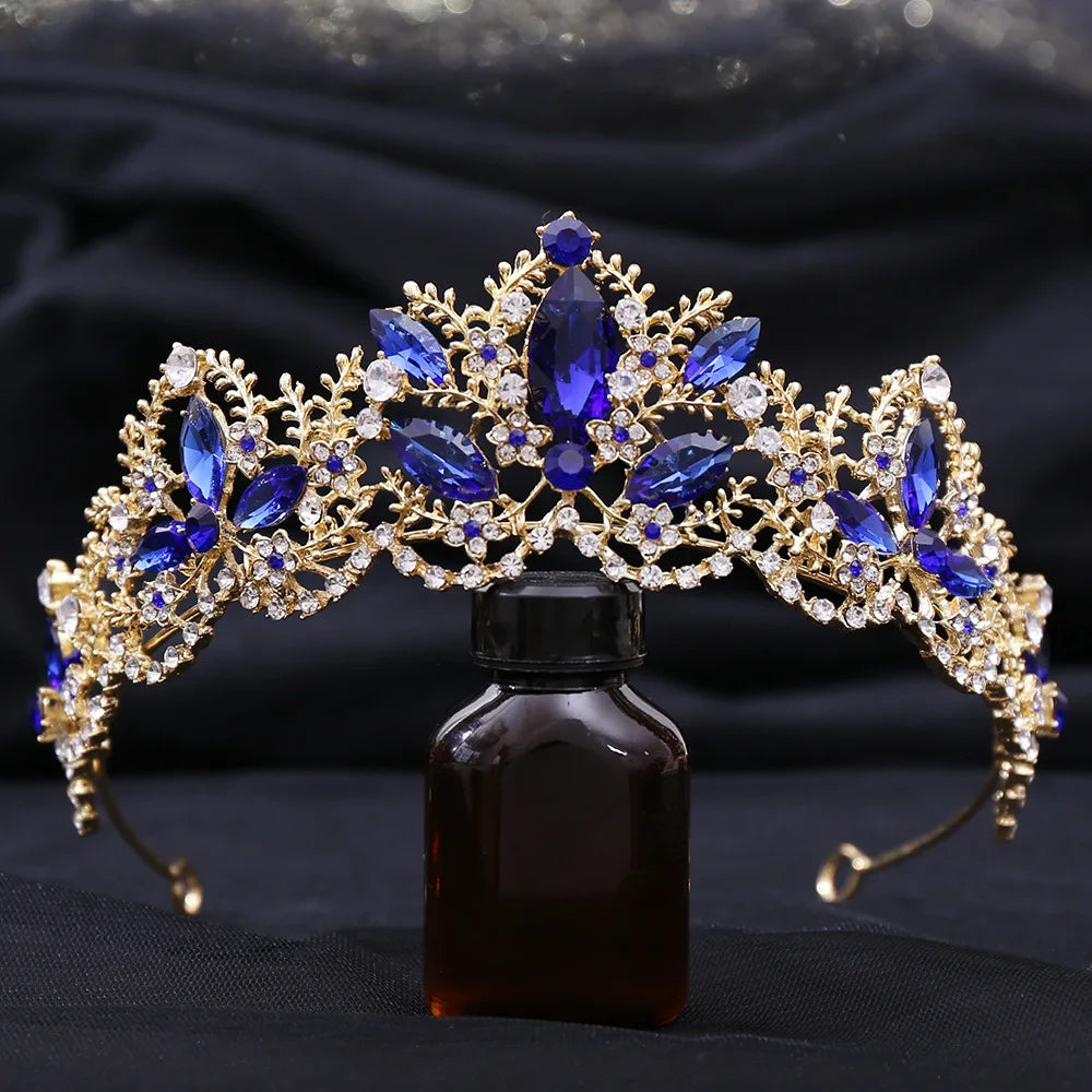 Baroque Gold Color Blue Diadem Rhinestone Crystal Tiaras Bride Headdress Princess Wedding Crown Pageant Hair Jewelry Accessories - EUFASHIONBAGS