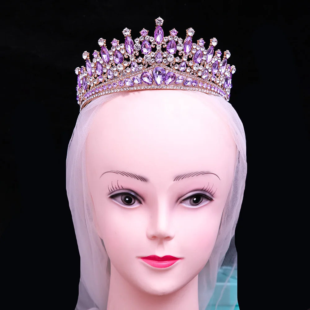 Luxury Pink Crystal Wedding Crown Royal Queen Tiaras Headband AB Color Rhinestone Bridal Headdress Bride Diadem Hair Accessories - EUFASHIONBAGS