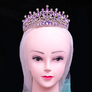 Luxury Pink Crystal Wedding Crown Royal Queen Tiaras Headband AB Color Rhinestone Bridal Headdress Bride Diadem Hair Accessories