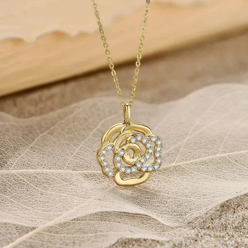 Aesthetic Camellia Flower Necklace Women for Wedding Luxury Gold Color Pendant Necklace with CZ Fancy Gift Trendy Jewelry - EUFASHIONBAGS