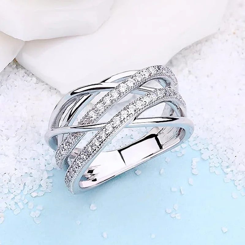 Silver Color Multi-cross Finger Ring with Shiny Crystal CZ Modern Fashion Female Rings Daily Wear Party Statement Jewelry - EUFASHIONBAGS