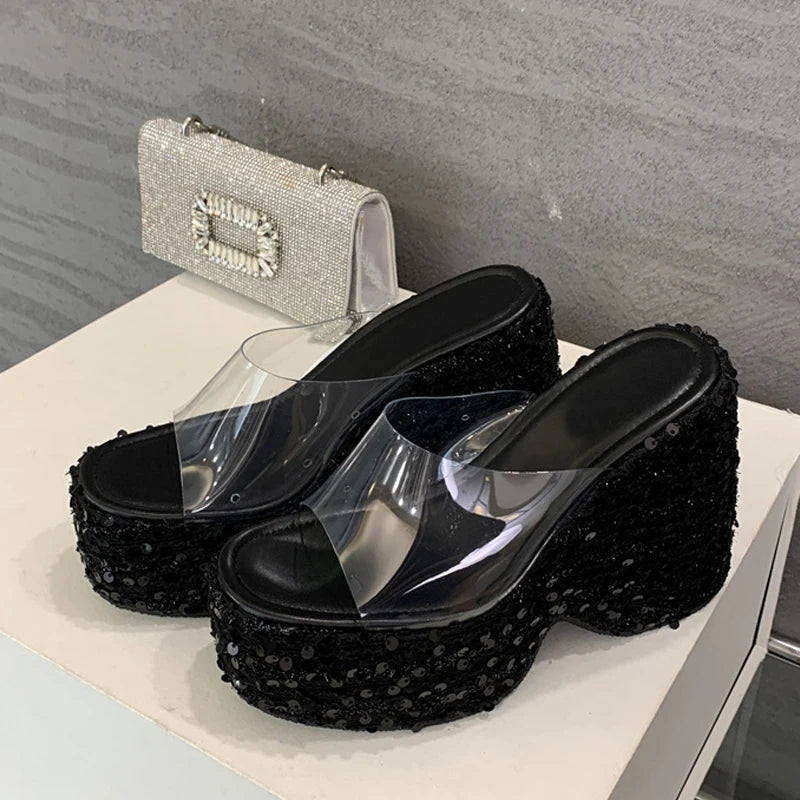 Summer Fashion PVC Transparent Women Slippers Sequined Platform Wedges High Heels Shoes Sexy Peep Toe Sandals Ladies Gold