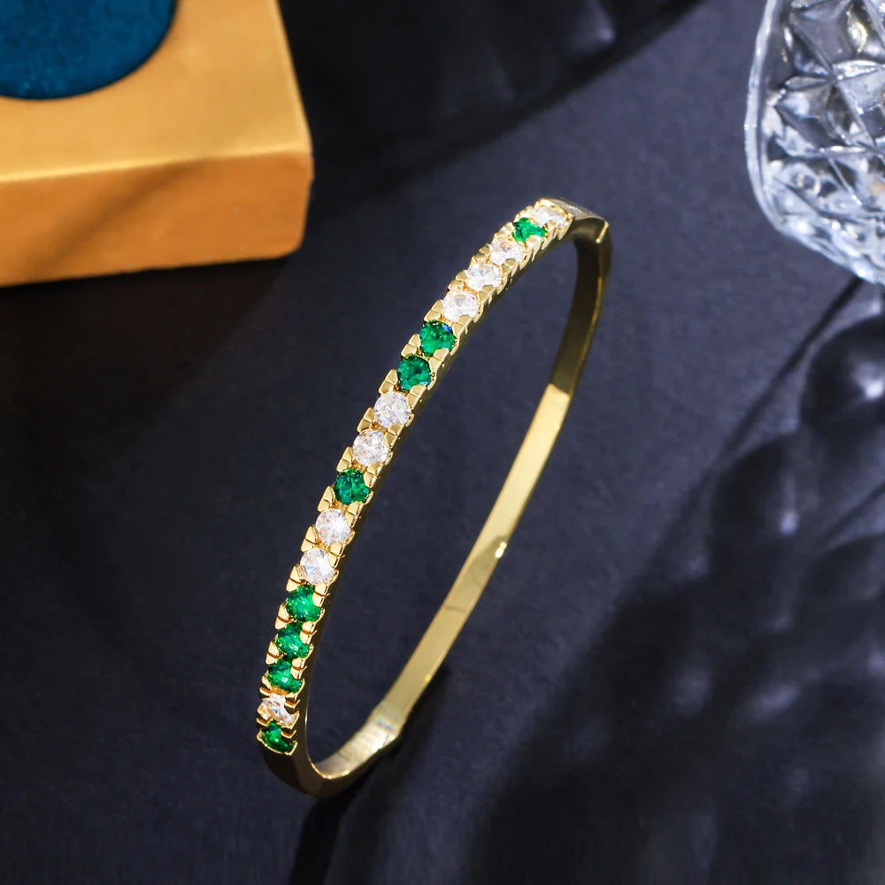 Classic Bling Round Cubic Zirconia Pave Gold Plated Green Tennis Bangle for Women Trendy Jewelry Accessories - EUFASHIONBAGS