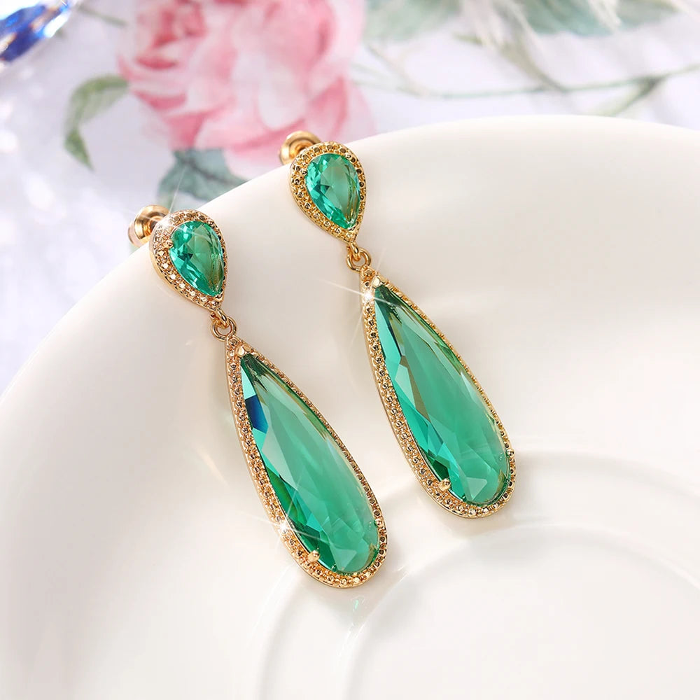 Green/Purple Long Water Drop Shape CZ Earrings for Women Temperament Elegant Lady's Dangle Earrings Wedding Love Jewelry - EUFASHIONBAGS