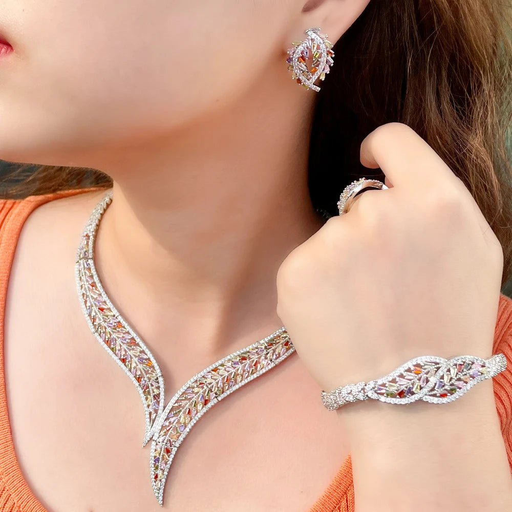 4pcs Multicolor Cubic Zircon Big Leaf Shape Statement Luxury Bridal Jewelry Sets Engagement Wedding Collection