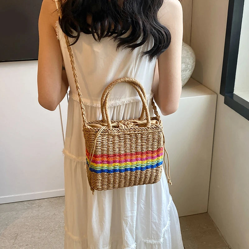 Women Drawstring Crossbody Bag Woven Tote Handbag Versatile Straw Rainbow Sling Bag Female Leisure Shoulder Bag - EUFASHIONBAGS