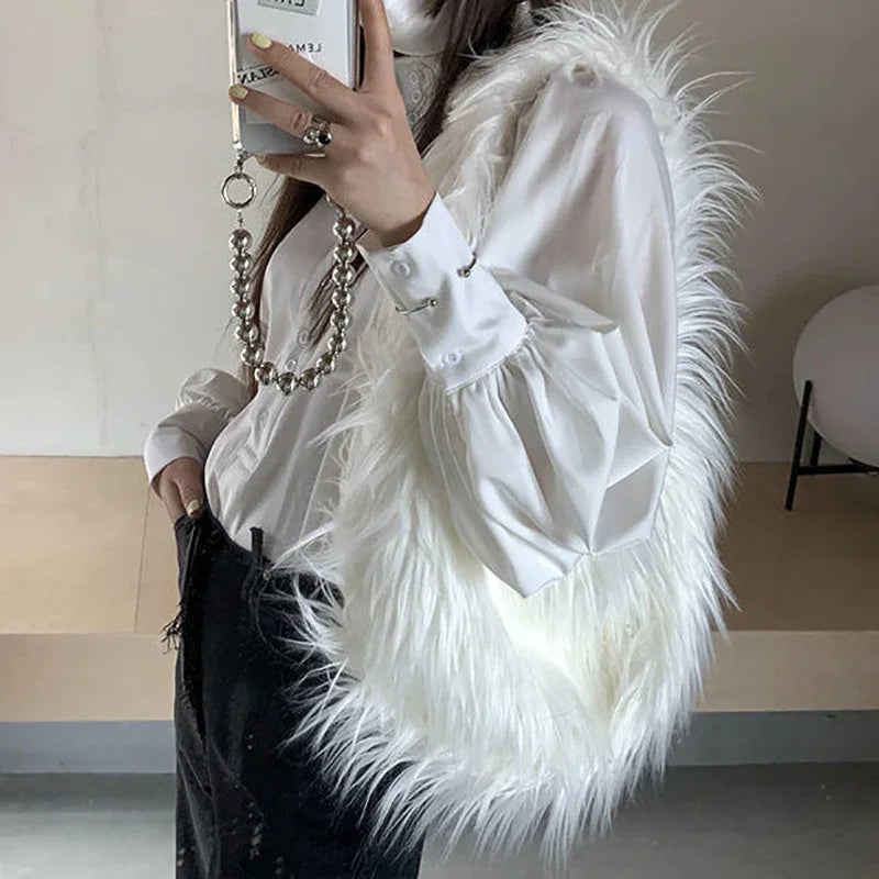 Y2K Faux Fur Solid Women's Bag 2022 Trend Individuality Winter Plush Shoulder Bags Female Fashion New Design Bolso Mujer - EUFASHIONBAGS