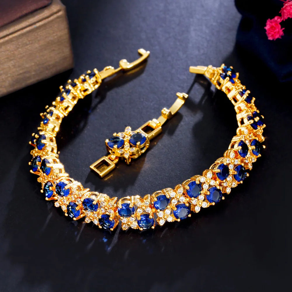 Royal Blue Cubic Zirconia Round Shape Gold Plated Big Luxury Engagement Bridal Wedding Bracelet for Women - EUFASHIONBAGS