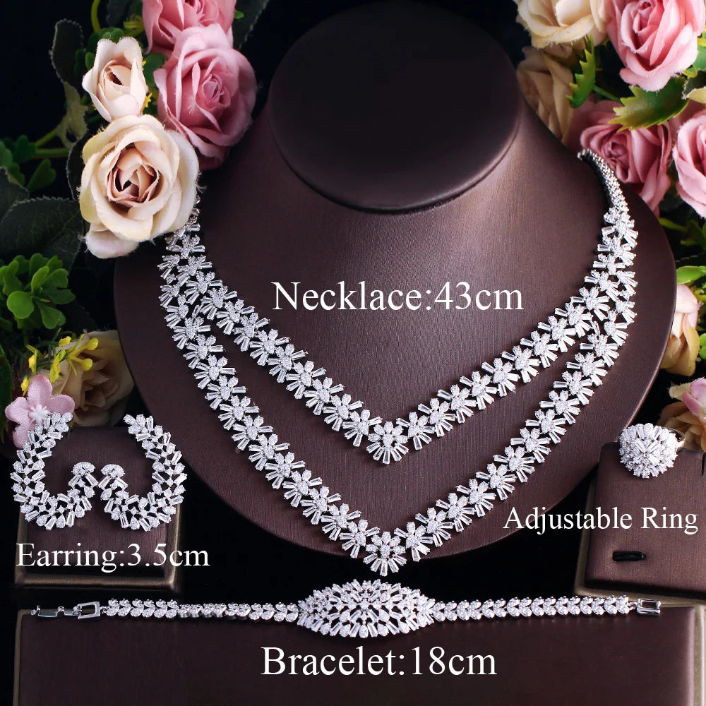 4 Pcs Sparkling Cubic Zirconia Big Two Layered Necklace Wedding Bridal Festive Dubai Jewelry Sets for Women - EUFASHIONBAGS