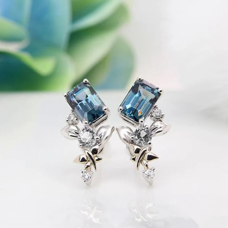 Temperament Blue CZ Flower Earrings for Women Aesthetic Female Accessories Wedding Engagement Party New Fashion Jewelry