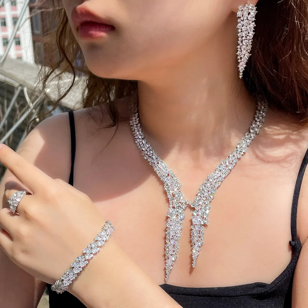 4Pcs Brilliant Dubai CZ Heave Stone Work Big Luxury Dinner Party Wedding Bridal Costume Jewelry Sets for Women - EUFASHIONBAGS