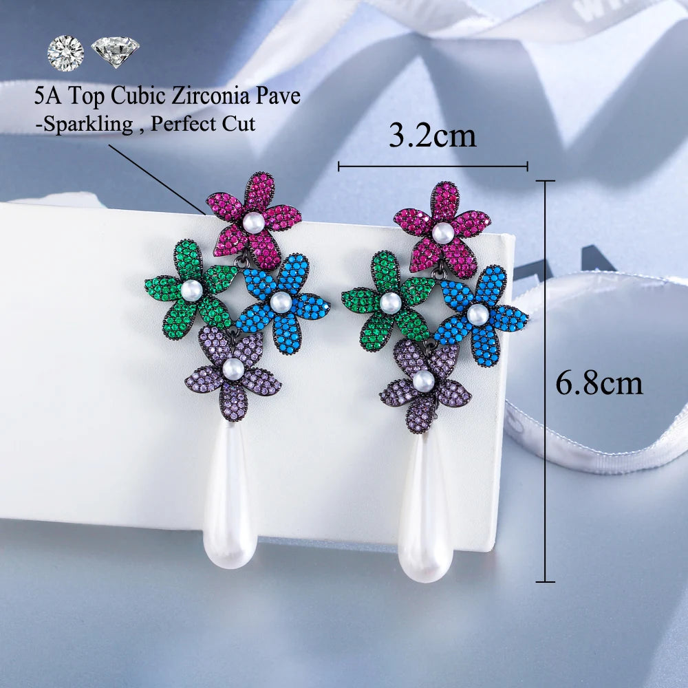 Luxury Chunky Multi Color Cluster Flower Leaf Dangling Drop Long Pearl Earrings for Women Engagement Party - EUFASHIONBAGS