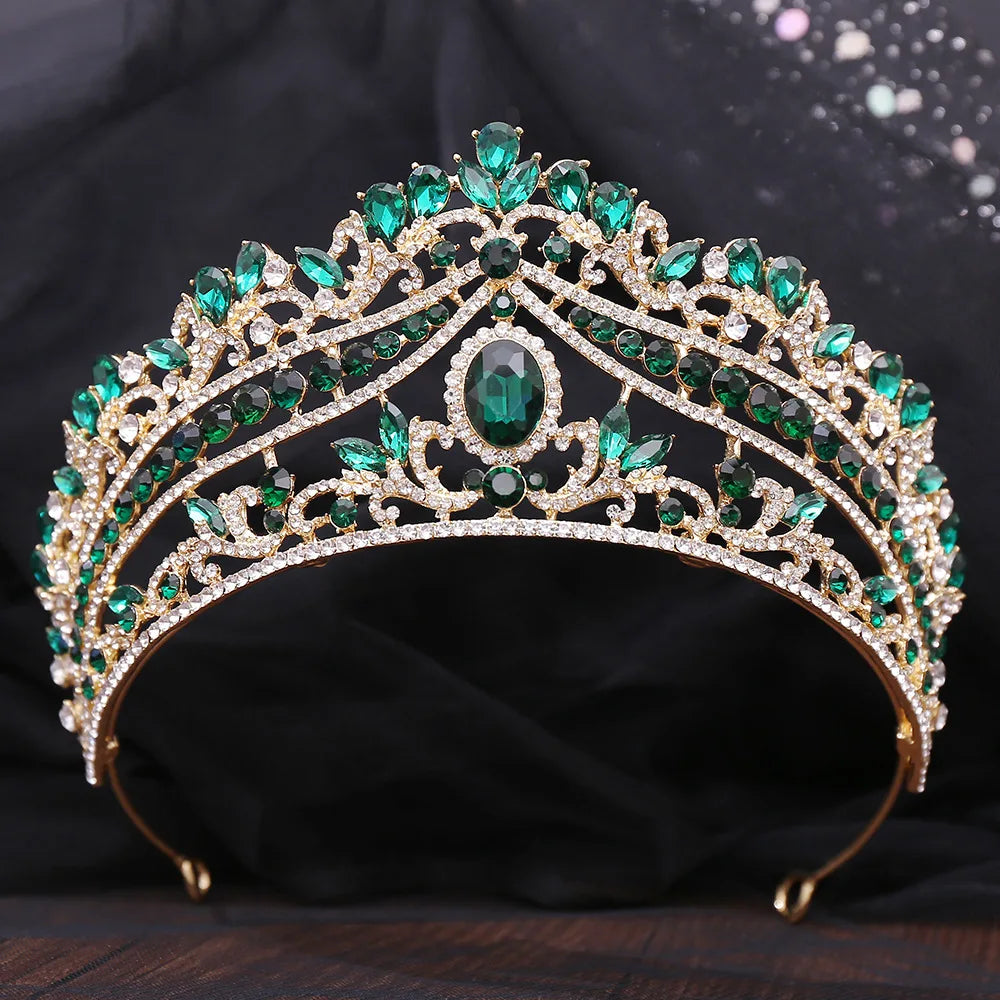 Luxury Red Crystal Wedding Crowns Green Tiaras Women Bridal Hair Jewelry Royal Queen Headdress Diadem Head Accessories - EUFASHIONBAGS