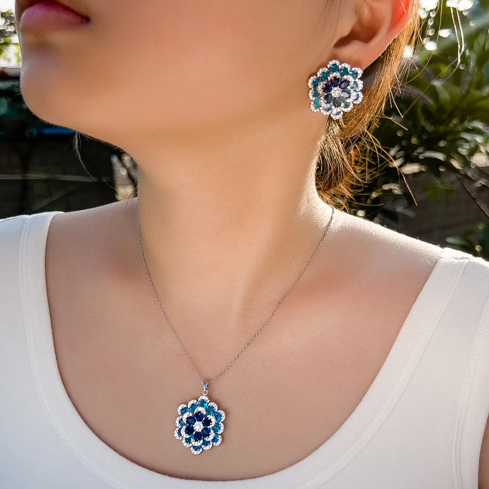 Art Deco Luxury Blue Cubic Zirconia Chunky Flower Shape Earrings And Pendant Necklace Women Party Jewelry Sets - EUFASHIONBAGS