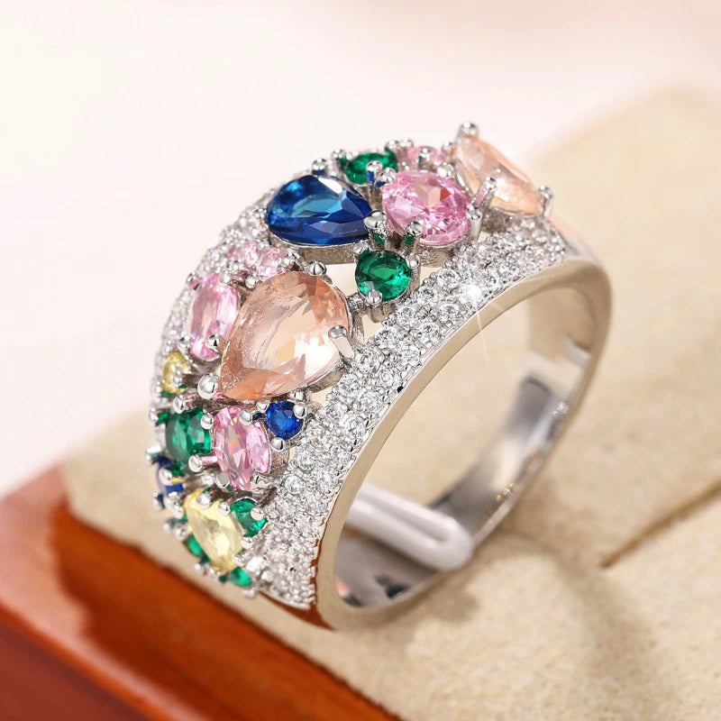 Rainbow Color Cubic Zirconia Rings Women New Wedding Accessories Luxury Trendy Female Rings Party Statement Jewelry - EUFASHIONBAGS