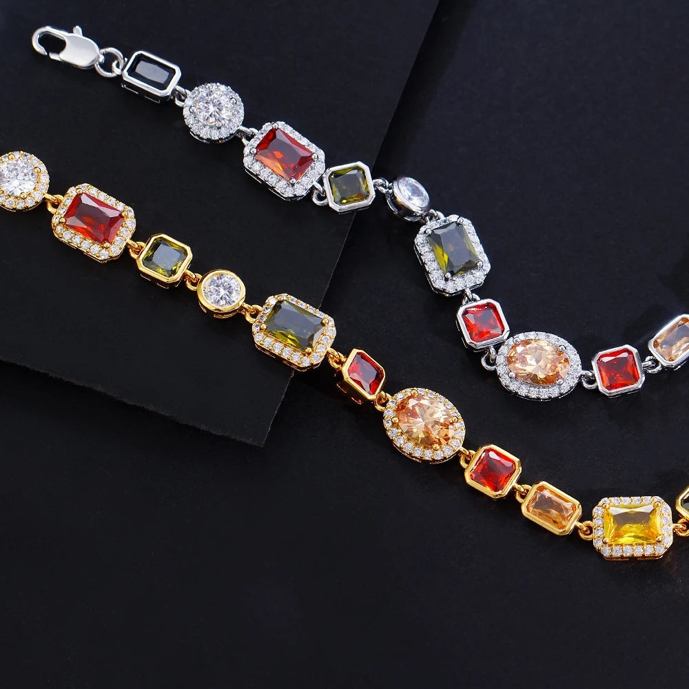 Multi Shape Colorful Cubic Zirconia Link Chain Bracelets for Women Adjustable Trendy Hand Jewelry - EUFASHIONBAGS