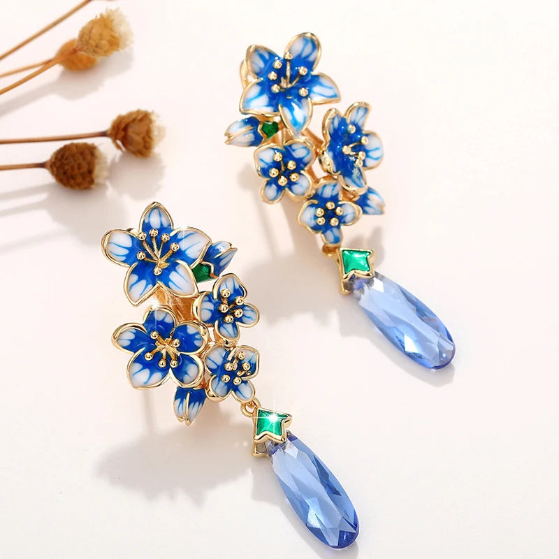 Aesthetic Blue Flower Enamel Earrings for Women Luxury Trendy Gold Color Wedding Party Romantic Lady Earrings New Jewelry