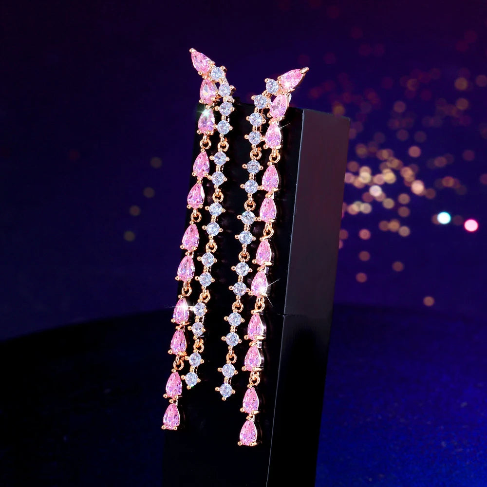 Extra Long Dangling Drop Pink Cubic Zirconia Tassel Ear Line Earrings for Women Daily Party Engagement Jewelry - EUFASHIONBAGS