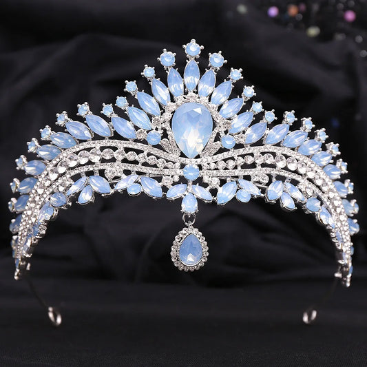 Silver Color Blue Opal Bridal Tiara Crown Luxury Rhinestone Crystal Waterdrop Wedding Headwear Party Pageant Diadem Head Jewelry - EUFASHIONBAGS