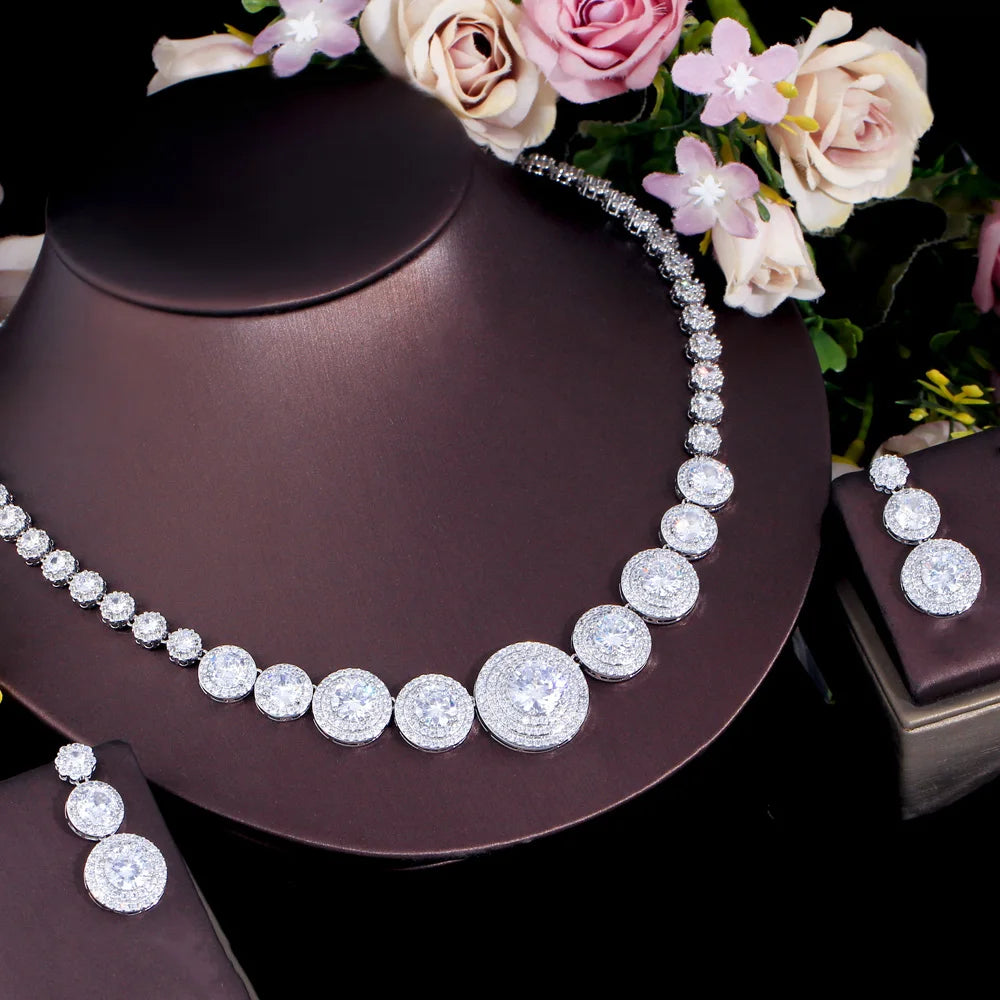 Delicate White Gold Color Round Cubic Zirconia Wedding Festive Costume Necklace Earrings Bridal Jewelry Sets