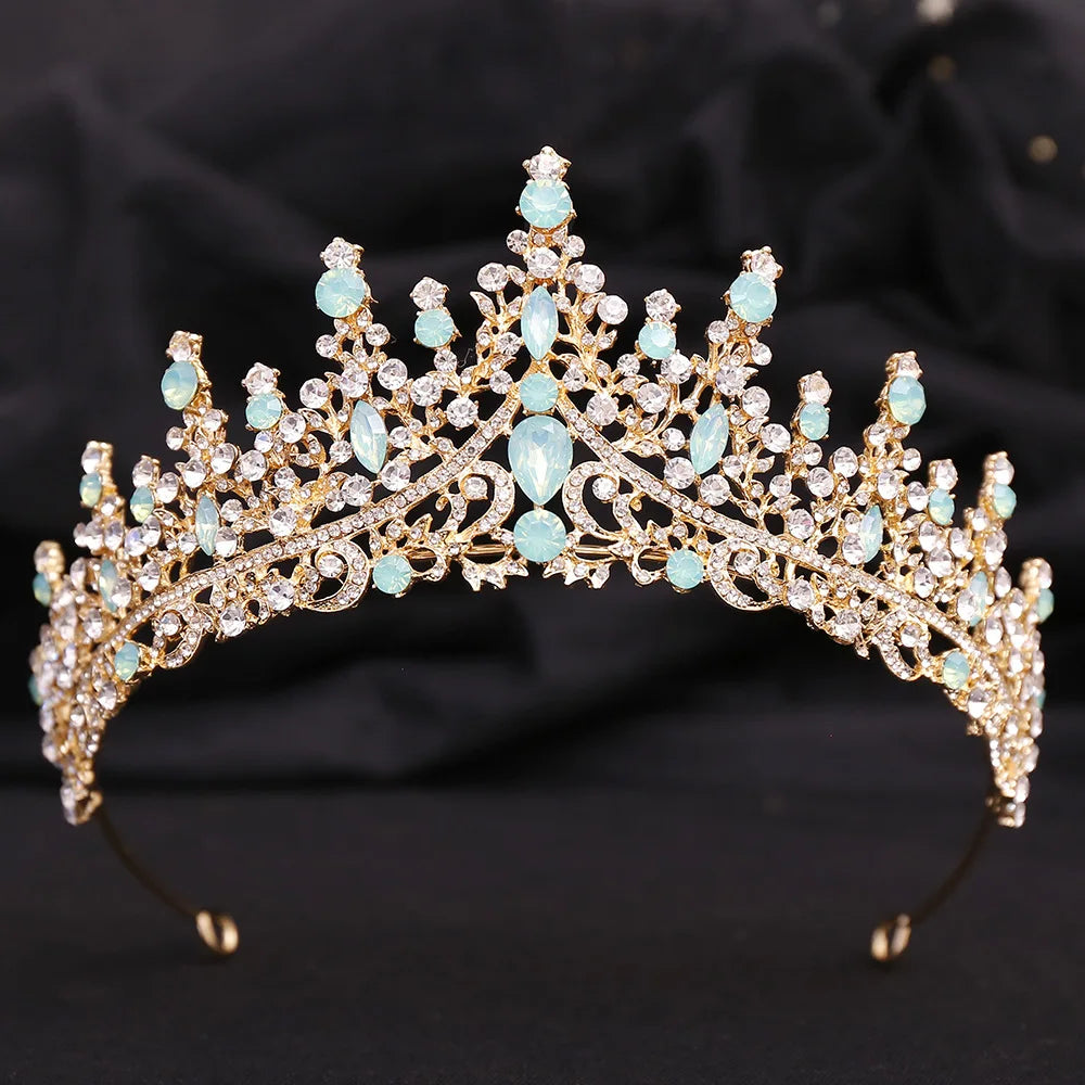 New Luxury Gold Color Green Opal Crystal Flower Water Drop Tiaras Crown Women Wedding Party Diadem Bridal Crown Hair Accessories - EUFASHIONBAGS