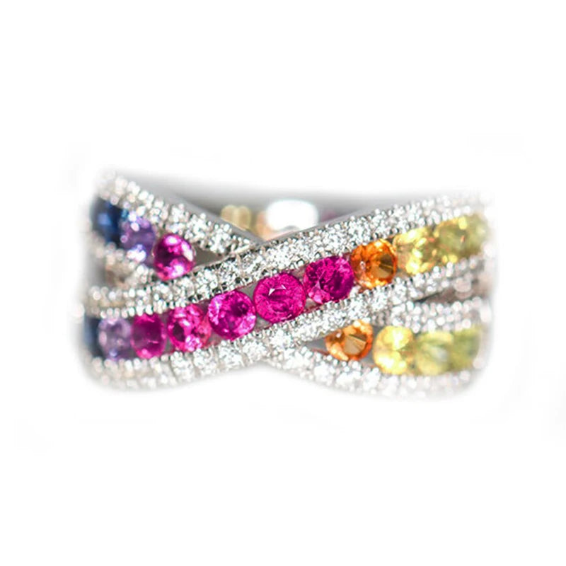 Rainbow CZ Cross Rings for Women Full Bling Iced Out Wedding Party Rings Silver Color Statement Jewelry Drop Ship