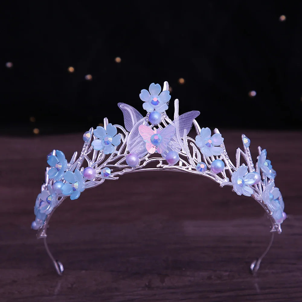 Baroque Crystal Pearl Flowers Bridal Crown Tiaras Rhinestone Pageant Diadem Butterfly Hairband Wedding Costume Hair Accessories - EUFASHIONBAGS