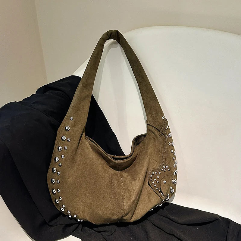 Women's Shoulder Bag European and American Style Rivet Handbag Suede Retro Half Moon Soft Armpit Bag - EUFASHIONBAGS