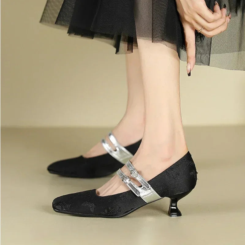 2025 New Designer High Heels Women Silk Square Toe Elegant Dress Shoes Female Comfort Fashion Belt Buckle Low Heel Shoes Women