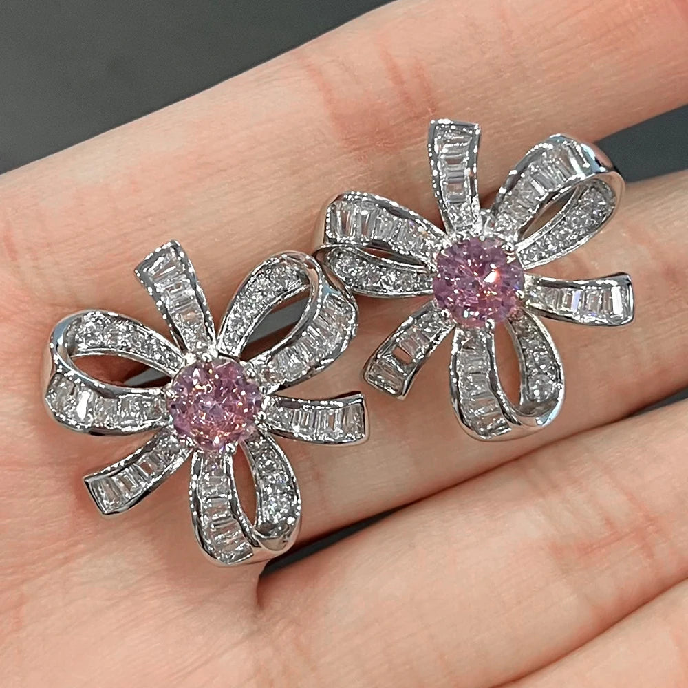 Pink Flower Stud Earrings Bridal Wedding Accessories Aesthetic Women's CZ Earrings for Party Statement Jewelry - EUFASHIONBAGS