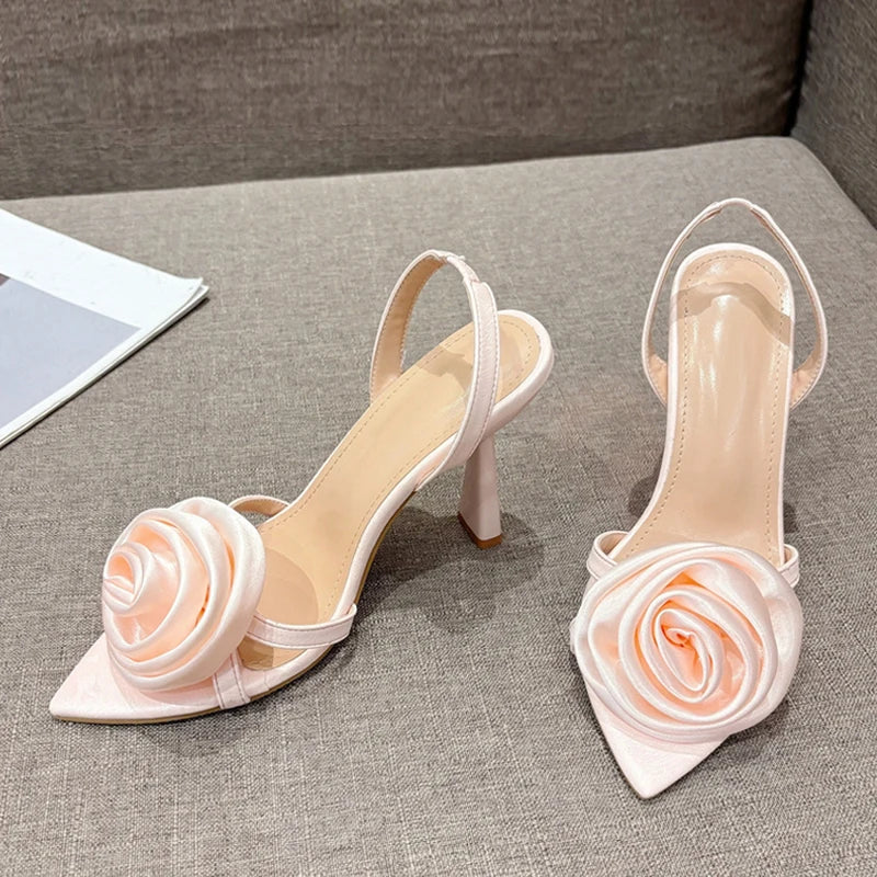 Summer Fashion Silk Rose Flowers Pointed Open Toe Back Strap Sandals Women Red High Heels Wedding Prom Shoes Zapatos Mujer