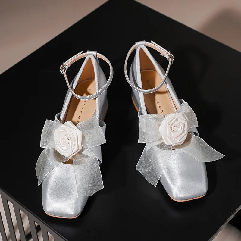 Fashion Flower Chunky Mary Jane Shoes Women Square Toe Dress Shoes Fashion Ankle Stra Brand High Heels Women Footwear