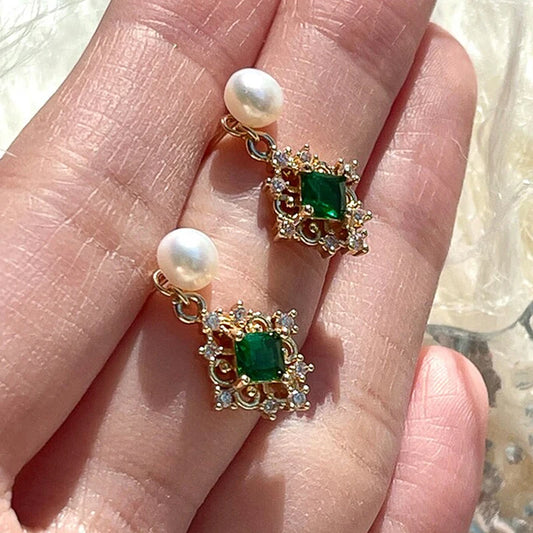 Green Cubic Zirconia Drop Earrings for Women Removable Imitation Pearl Earrings Two Wear Ways Creative Jewelry