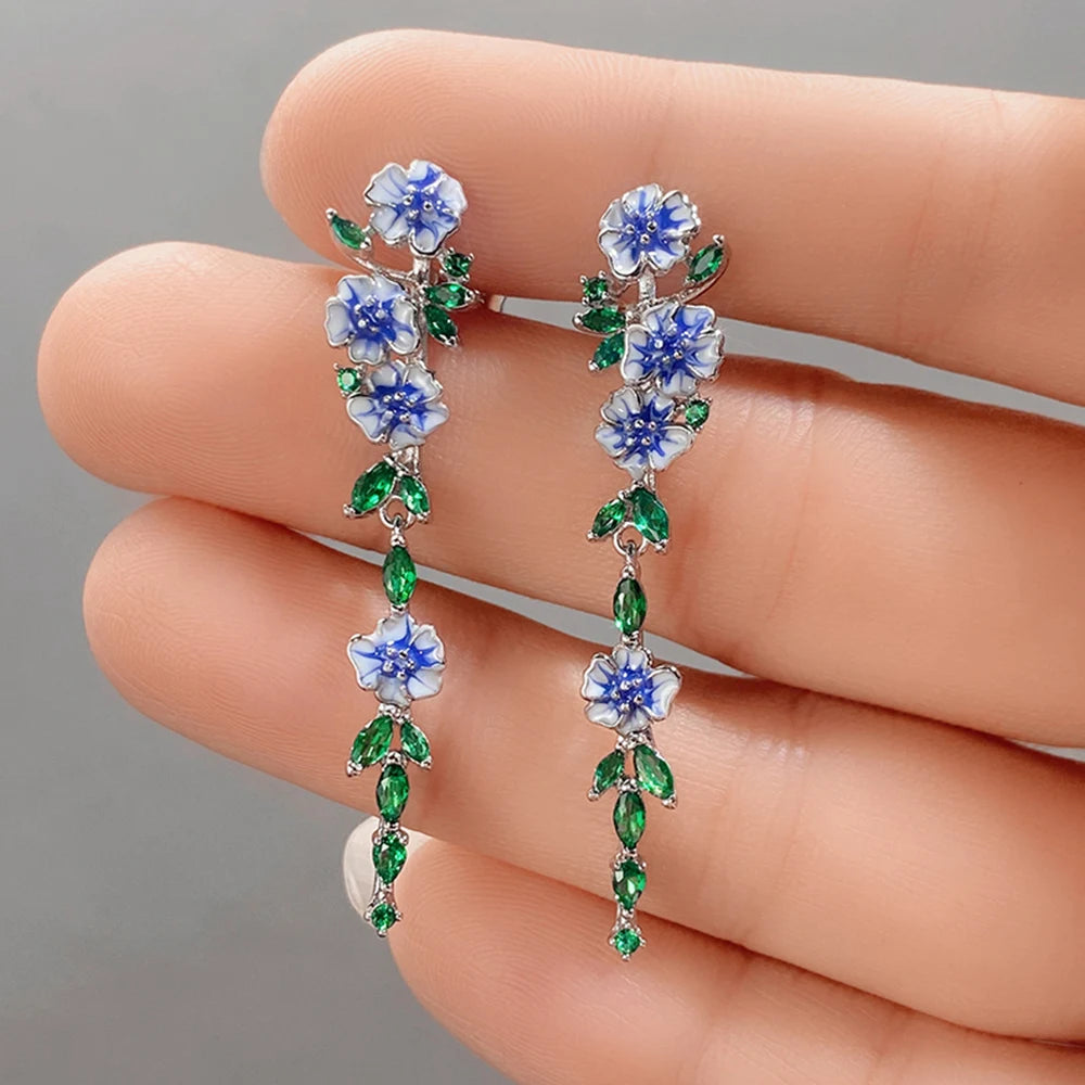 Aesthetic Blue Trumpet Flower Long Hanging Earrings for Women Unique Bridal Wedding Earrings Dance Party Trendy Jewelry - EUFASHIONBAGS