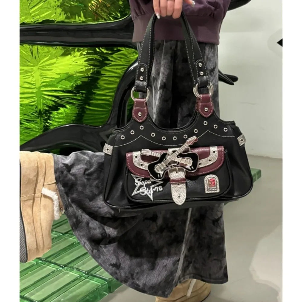 Gothic Punk Y2k Bags Women Harajuku Aesthetic Leather Patchwork Casual Handbag Female Vintage Black Shoulder Bags Chic - EUFASHIONBAGS