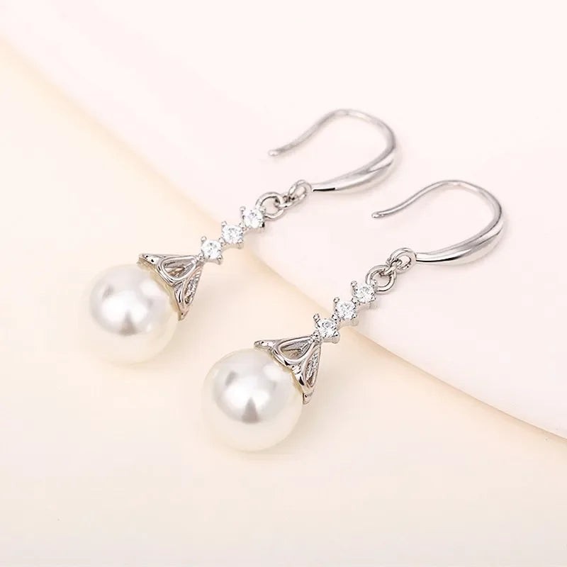 New Trend Imitation Pearl Dangle Earring for Women Luxury Silver Color Bling Cubic Zirconia Fashion Elegant Lady Jewelry